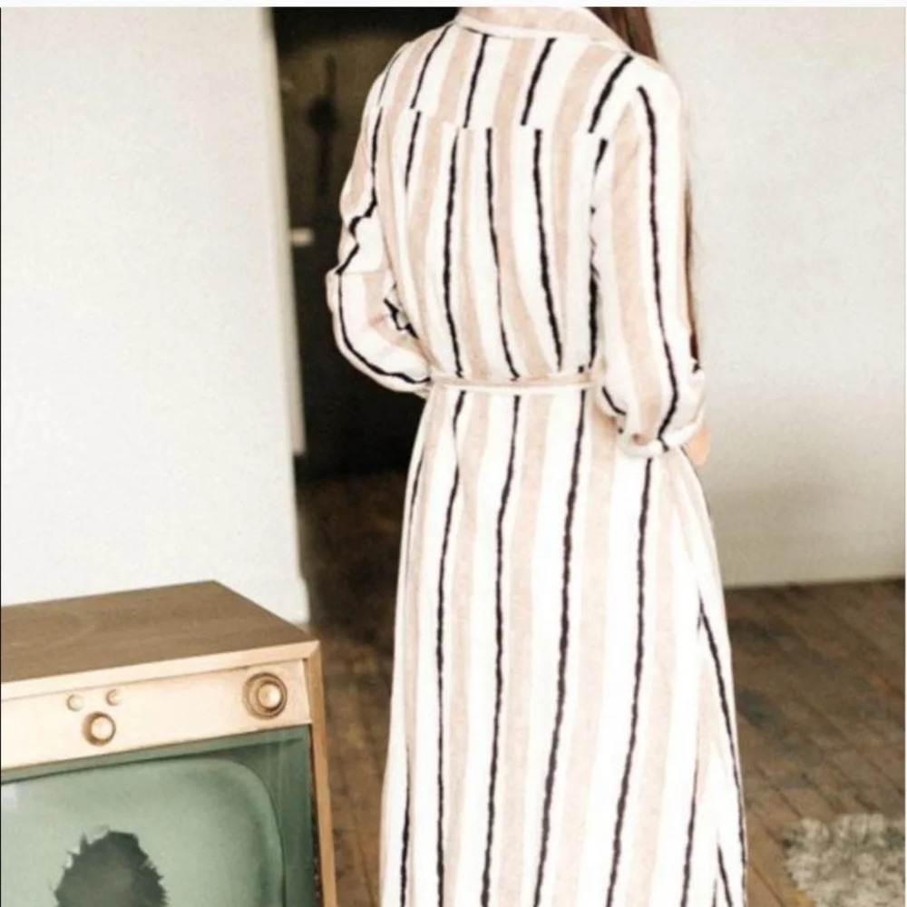 Boheme Stripped Belted Dress Size Large Pockets - Picture 2 of 12